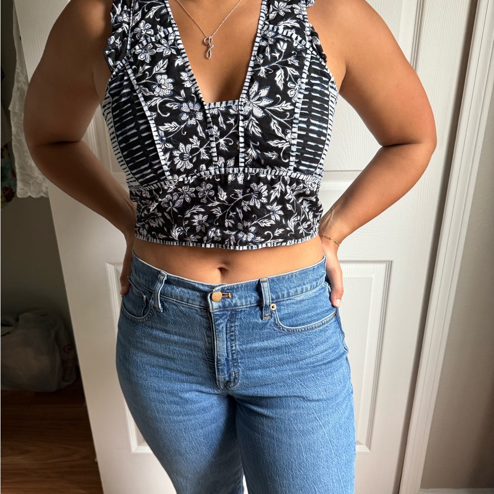 Navy and White Floral Women's Ruffle Top - Coastal Chic